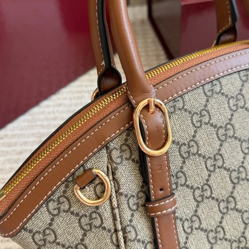 💖 GUCCI 💖 GG Canvas Mini Top Handle Bag Brown Leather Trim Gold Hardware - Picture 8 of 9